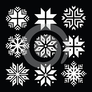 Snowflakes, Christmas white icons set on black