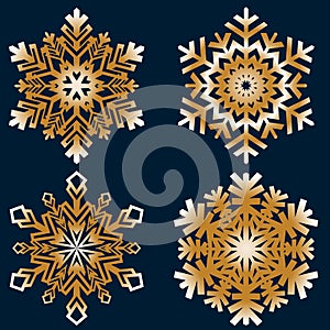Snowflakes collection isolated on dark background. Flat line snow icons, snow flakes silhouette.