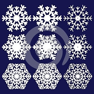 Snowflakes collection isolated on dark background. Flat line snow icons, snow flakes silhouette.