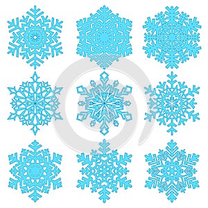 Snowflakes collection isolated on light background.