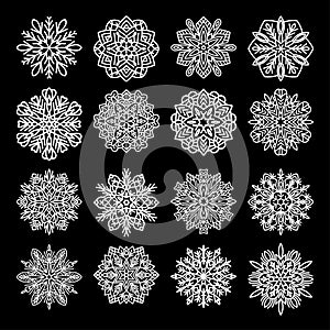 Snowflakes collection set. Flat line snow icons, snow flakes silhouette. New year ornament