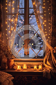 snowflakes falling on a cozy, warmly lit window