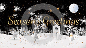 Snowflakes falling over Seasons Greetings text against winter landscape