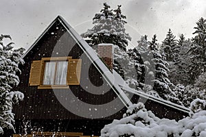 Snowflakes falling on a snowy roof of a cottage