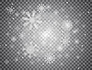 Snowflakes falling on transparent background. Realistic heavy snowfall texture. Winter design with snow and snowflakes