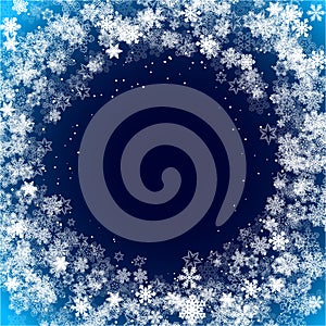 Snowflakes frame with dark blue background for Christmas and New Year or winter season template for inviation, greeting card, holi