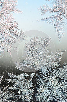 Snowflakes frost rime macro on window glass pane