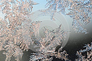 Snowflakes frost rime macro on window glass pane