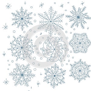 Snowflakes ice snow symmetrical patterns polyhedral round holiday winter new year christmas patterns hand drawn large set isolated