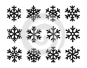 Snowflakes icon set, linear black design, freeze symbol collection, vector logo. Elements of decorating New Years and photo