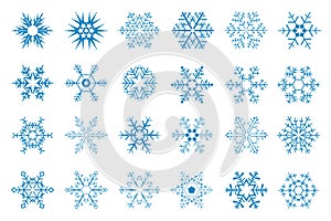 Snowflakes isolated graphic elements set in flat design. Bundle of blue snowflakes in different shapes, frozen geometric ornament