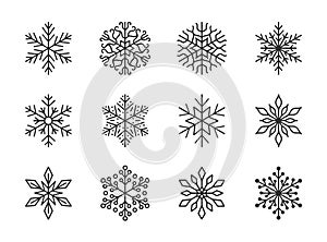 Snowflakes isolated on white background. Doodle line snow icons, hand drawn silhouette. Design element for christmas
