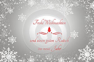 Snowflakes and a little red tree on a Gray background with the text Merry Christmas and Happy New Year