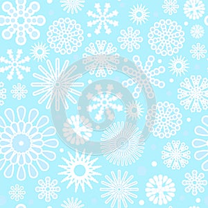 Snowflakes pattern. Background. Seamless blue picture. Winter Falling. Snowfall on a frosty day. Cartoon flat style