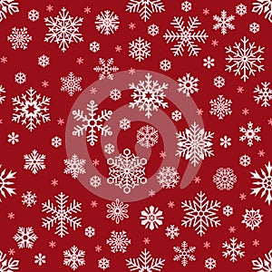 Snowflakes pattern. Christmas falling snowflake on red backdrop. Winter holiday snow seamless vector background