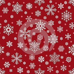 Snowflakes pattern. Christmas falling snowflake on red backdrop. Winter holiday snow seamless vector background photo