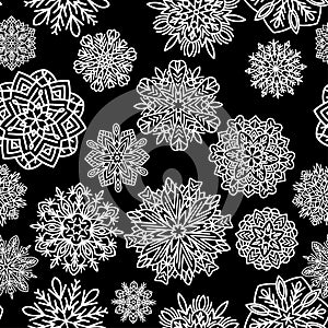 Snowflakes seamless background. Snow flakes silhouette. New year ornament