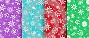 Snowflakes seamless paterns collection. Set of winter backgrounds. Template vector textures. White, blue, red, violet, green color