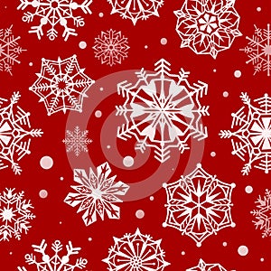 Snowflakes seamless pattern. Abstract christmas snow wallpaper, xmas decorative frost design. Red and white winter