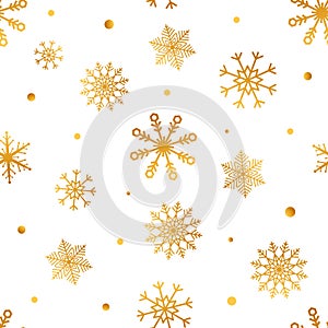 Snowflakes seamless pattern. Christmas wrapping paper with gold snowflakes. Winter design elements for textiles