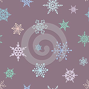 Snowflakes seamless pattern of many snowflakes on the dark Grayish Pink background vector