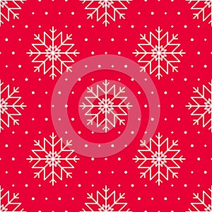 Snowflakes seamless pattern on a red background. Cute background with white snowflakes, dots, twinkles on red background