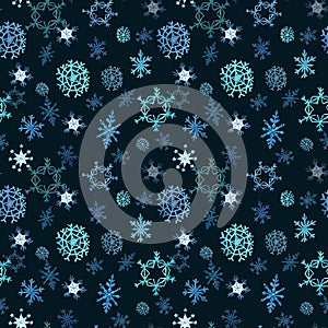 Snowflakes seamless pattern. Watercolor hand painted falling snow on dark blue background. Festive winter backdrop