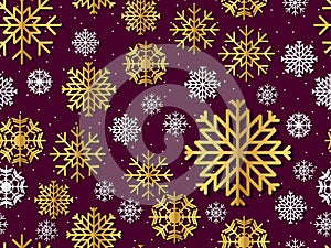 Snowflakes seamless pattern, white and gold snowflakes with shadow. Christmas and New Year background with falling snow. Vector