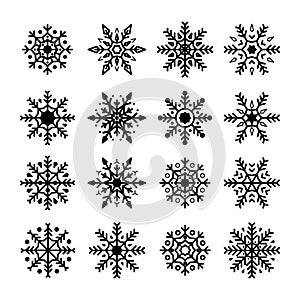Snowflakes set. Collection of snowflakes silhouette. Christmas and New Year decoration elements. Vector illustration