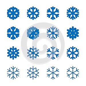 Snowflakes signs set. Blue Snowflake icons isolated on white background. Snow flake silhouettes. Symbol of snow, holiday