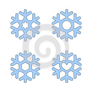 Snowflakes signs set. Blue Snowflake icons isolated on white background. Snow flake silhouettes. Symbol of snow, holiday