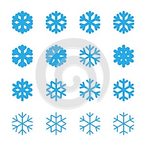 Snowflakes signs set. Blue Snowflake icons isolated on white background. Snow flake silhouettes. Symbol of snow, holiday