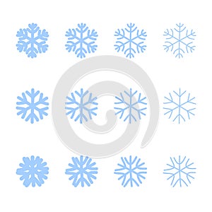 Snowflakes signs set. Blue Snowflake icons isolated on white background. Snow flake silhouettes. Symbol of snow, holiday