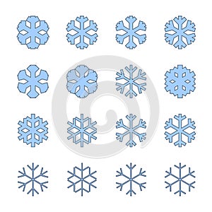 Snowflakes signs set. Blue Snowflake icons isolated on white background. Snow flake silhouettes. Symbol of snow, holiday