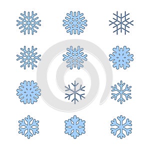 Snowflakes signs set. Blue Snowflake icons isolated on white background. Snow flake silhouettes. Symbol of snow, holiday