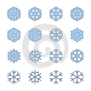 Snowflakes signs set. Blue Snowflake icons isolated on white background. Snow flake silhouettes. Symbol of snow, holiday