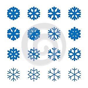 Snowflakes signs set. Blue Snowflake icons isolated on white background. Snow flake silhouettes. Symbol of snow, holiday photo