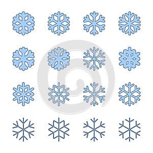 Snowflakes signs set. Blue Snowflake icons isolated on white background. Snow flake silhouettes. Symbol of snow, holiday photo