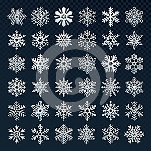 Snowflakes silhouette. Winter snow symbol, ice snowfall and cold snowflake isolated vector icon set