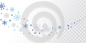 Snowflakes and snow border. Blue and silver snowflakes stream isolated on transparent background. Bright Christmas