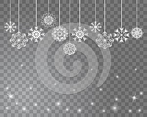 Snowflakes on strings on a transparent background