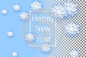 Snowflakes on transparent background. Happy New Year 2019. Christmas banner with snowflake. Vector illustration with falling snow.