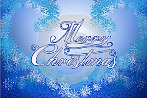 Snowflakes on transparent blue background. Abstract bright white shimmer snowflakes in form heart. Merry christmas and