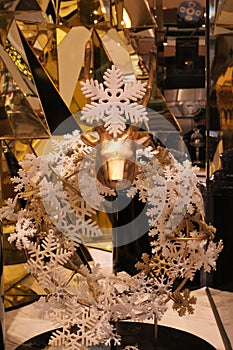 Snowflakes white Christmas wreath with golden deer head