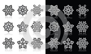 Snowflakes, winter black and white icons set