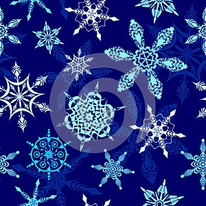 Snowflakes on Winter Blue Night Background Vector Seamless Pattern