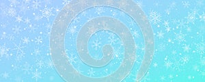 Snowflakes winter Christmas vector background. Blue and white frost sky. Gradient cold blizzard landscape.