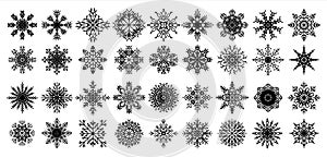 Snowflakes. Winter clip art element for greeting cards. Black ice crystals, weather symbol. Snow sign silhouettes. Flat