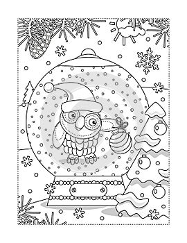 Snowglobe with cute owl and christmas tree coloring page