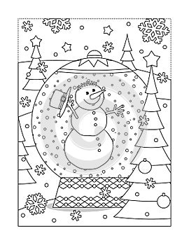 Snowglobe with funny snowman and decorated fir tree coloring page